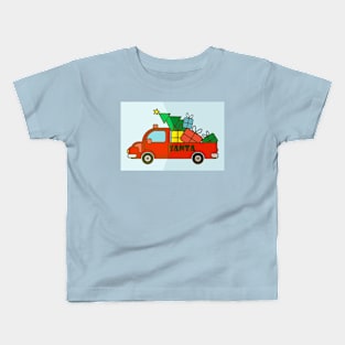 Xmas greeting card with red Santa truck, presents and Christmas tree Kids T-Shirt